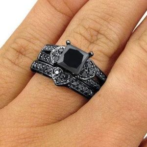 Modern Vintage Black Gunmetal & Black CZ Ring Set